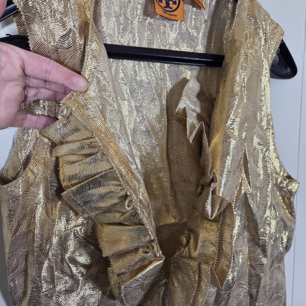 Tory Burch Trumpet Sleeveless Gold Ruffle Silk Blend Blouse Size 6 - Picture 9 of 16